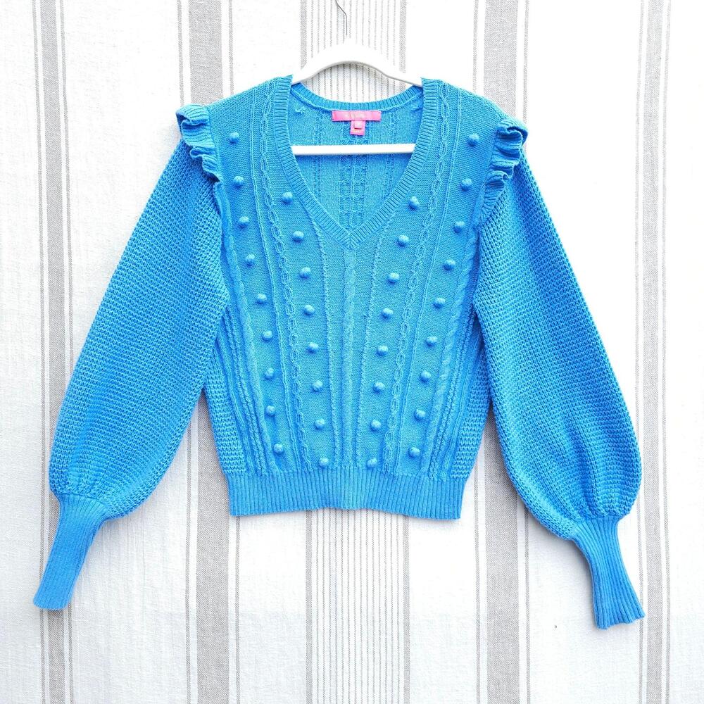 Lilly Pulitzer Sweater Womens M Blue Greta Pom Pom Cable Knit V Neck Twee Cute
